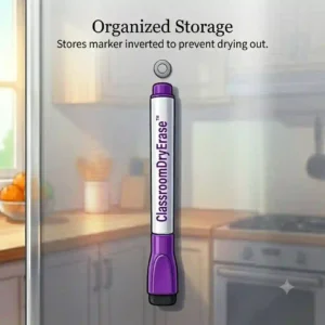 An illustration showing how magnetic dry erase markers store upside down on a metal surface to prevent drying out.
