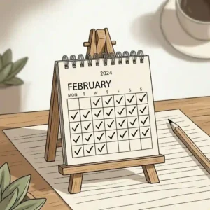 A colorful graphic illustration of a small calendar supported by a tiny wooden easel stand