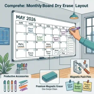 Illustration of a quarterly project planning layout drawn neatly on a large wall dry erase board.