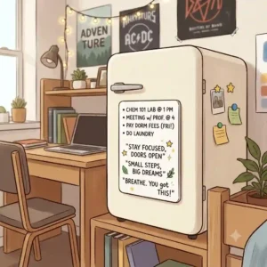 A compact mini fridge setup utilizing a small magnetic whiteboard for refrigerator to write daily reminders and student notes in a dorm room.