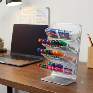 A collection of multicolored Expo thin dry erase markers organized horizontally in a desk cup holder.
