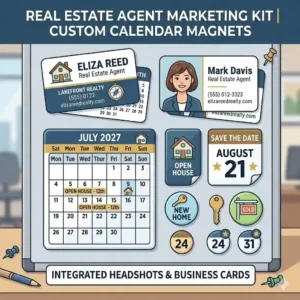 Illustration of a real estate agent marketing toolkit displaying professional headshots and business cards integrated into calendar magnets.
