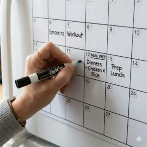 "A person writing down meal prep dates on a white magnetic calendar for fridge doors."