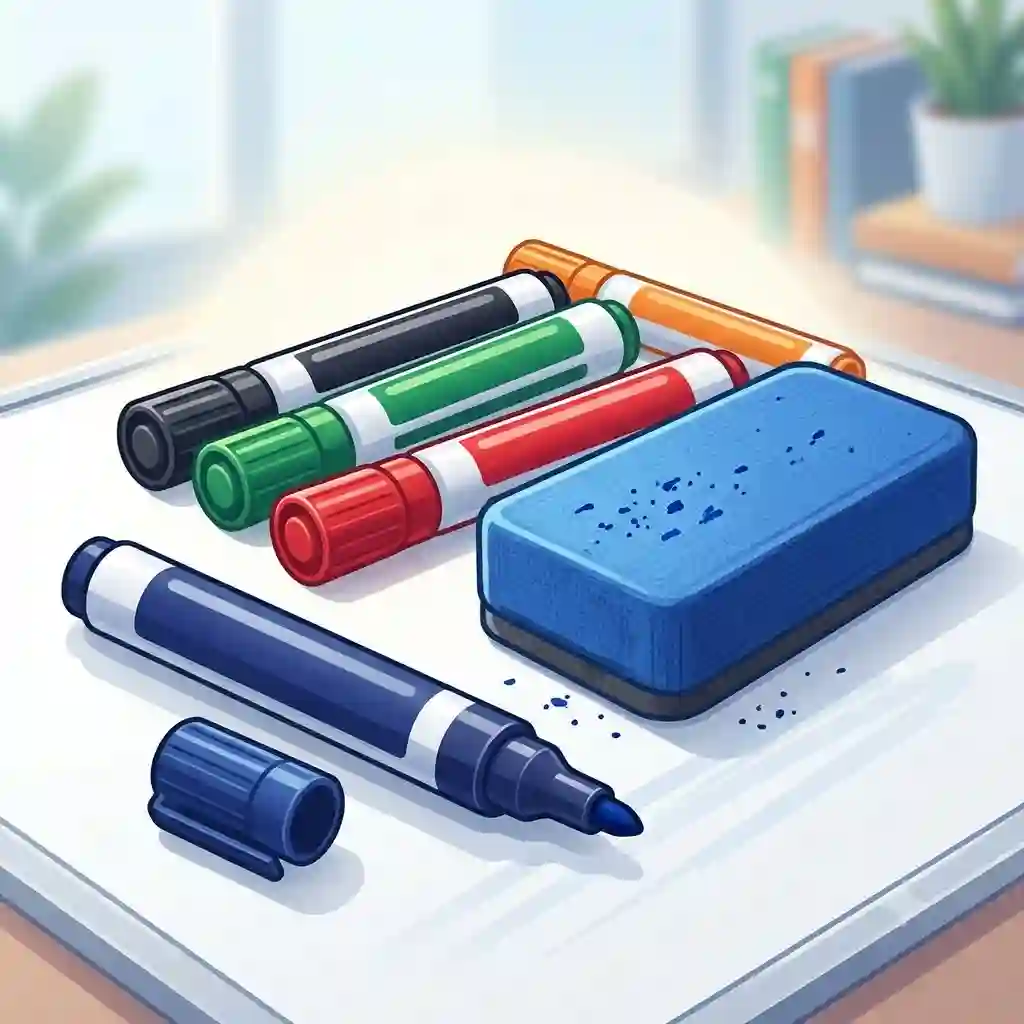 A complete set of colorful dry erase markers with eraser resting on a clean white whiteboard.