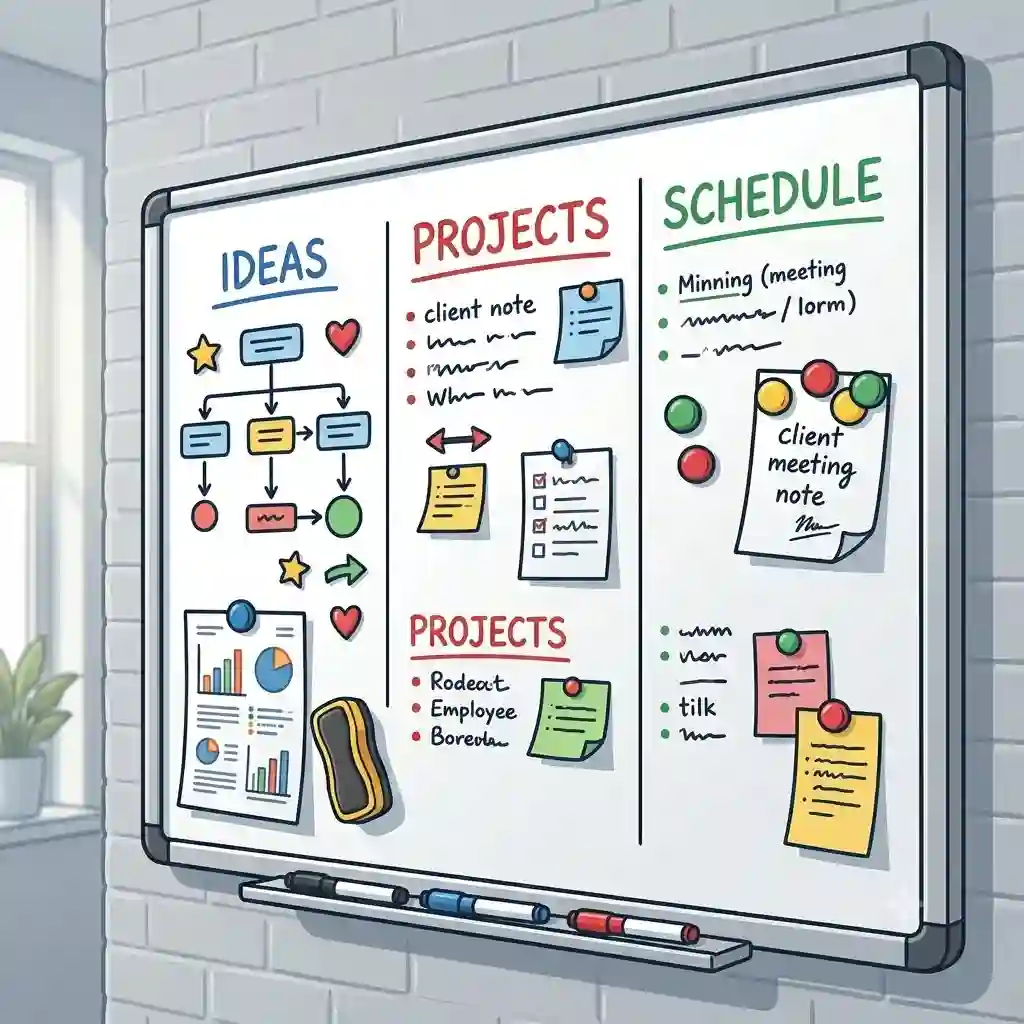 A sleek magnetic dry wipe board mounted on a home office wall with colorful magnets and notes.