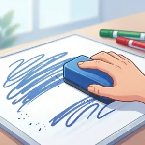 A hand using a felt tool next to dry erase markers with eraser to wipe away blue ink from a board.