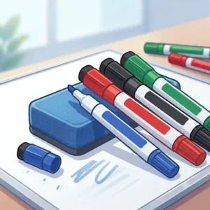 Close-up view of fine tip dry erase markers with eraser caps built directly onto them.