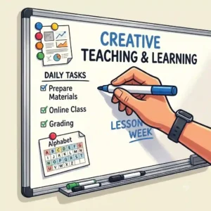 An educational illustration showing a teacher pointing to a magnetic dry wipe board during a lesson.