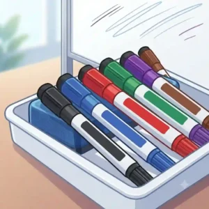 A storage box filled with school supplies including low-odor dry erase markers with eraser.