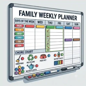 A stylized illustration of a magnetic dry wipe board organized as a weekly family planner and chore chart.