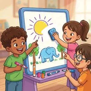 Children drawing happily on a small whiteboard using washable dry erase markers with eraser.