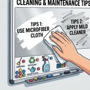 A graphic demonstrating how to properly clean a magnetic dry wipe board using a microfiber cloth and spray.