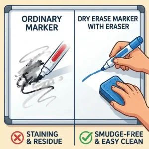 A graphic demonstrating the clean removal of ink using premium dry erase markers with eraser.