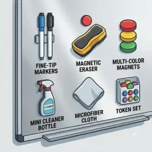 An illustration of accessories including colorful dry erase markers, magnetic buttons, and an eraser for a magnetic dry wipe board.